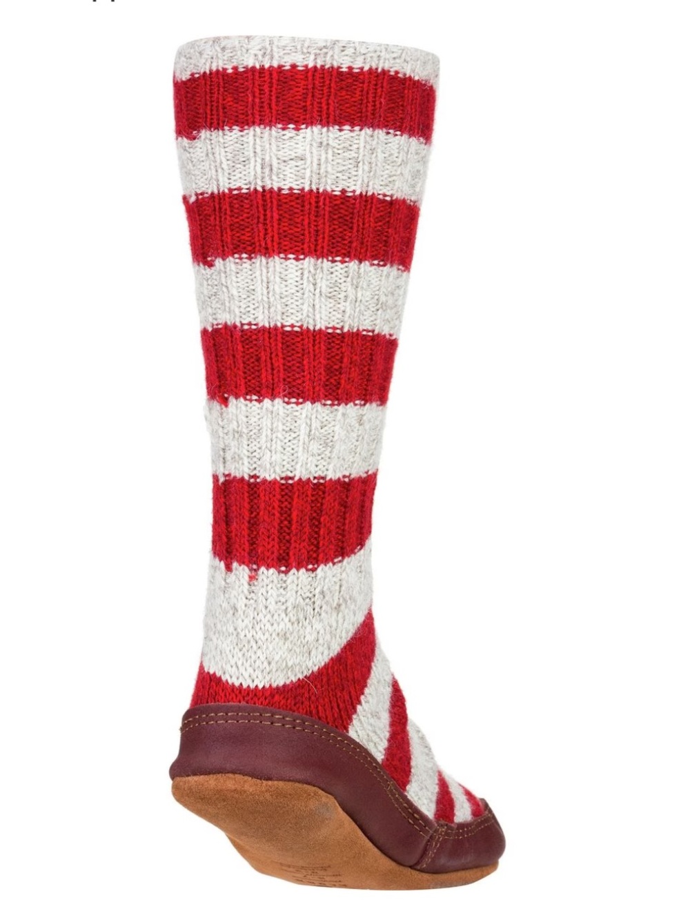 Acorn Slip-On Moccasin Knit Slippers Red & Cream Stripe Brown Leather Sz 8-9